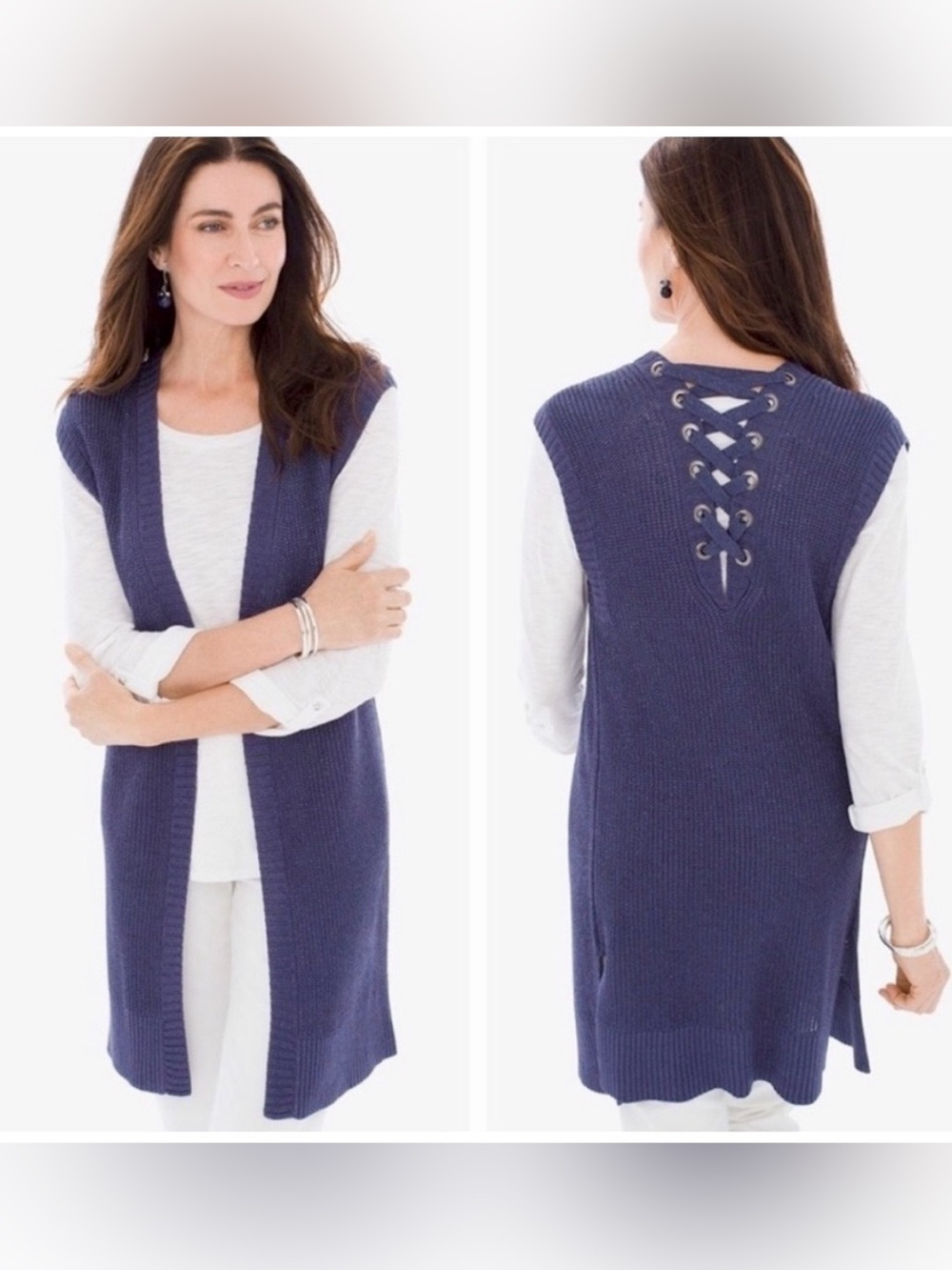 Chico's Metallic‎ Heathered Blue Sleeveless Lace-Up Knit Cardigan Vest. Size 1.
